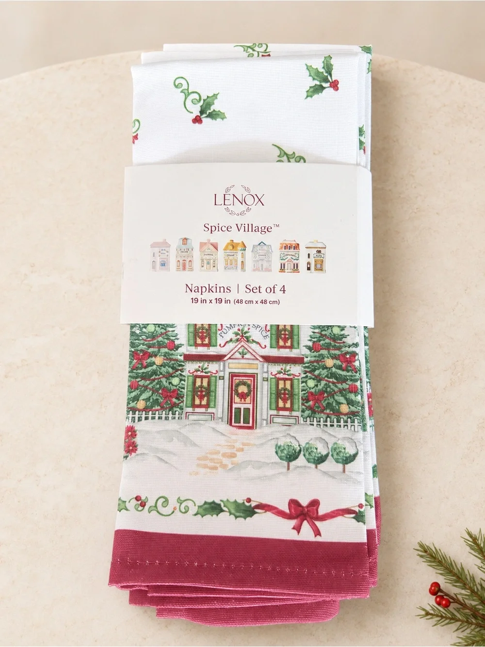 Lenox Spice Village Christmas Napkins Set of 4 - White & Red